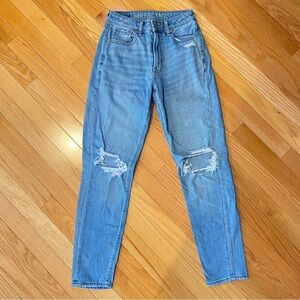 American Eagle Med Wash High Waisted Denim Mom Jeans Distressed